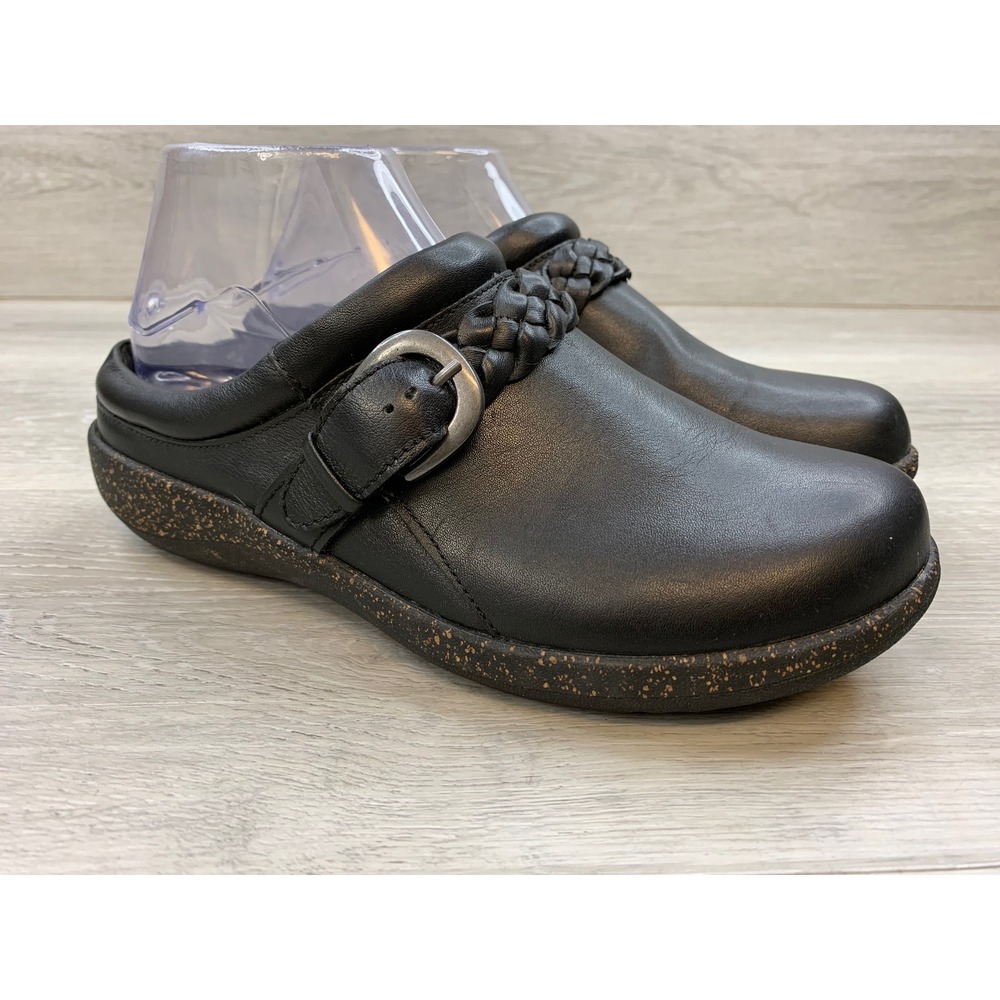 Aetrex Libby Black Leather Clogs Braided Buckle Slip On Women's 7.5-8 Shoes